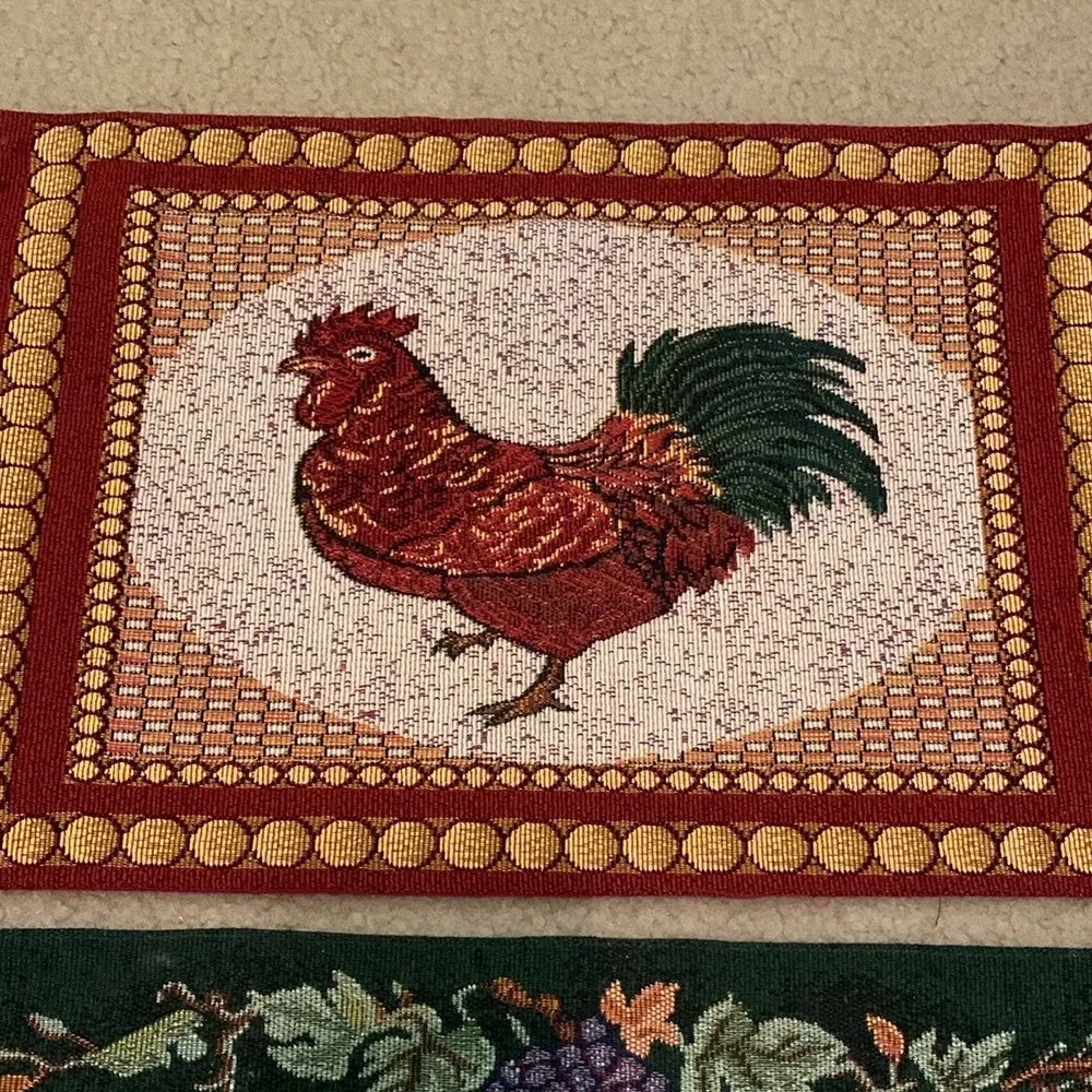 Rooster Woven Tapestry Two Placemats Red Green Farm Farmhouse Chickens